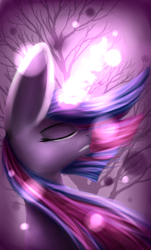 Size: 2377x3941 | Tagged: safe, artist:quefortia, twilight sparkle, pony, eyes closed, glowing horn, solo, tree, windswept mane