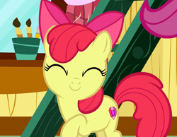 Size: 1382x1074 | Tagged: safe, screencap, apple bloom, earth pony, pony, forever filly, adorabloom, bow, cropped, cute, eyes closed, female, filly, hair bow, raised hoof, smiling, solo