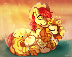 Size: 3000x2378 | Tagged: safe, artist:tai-l-rodriguez, bright mac, pear butter, earth pony, pony, the perfect pear, brightbutter, cowboy hat, cuddling, ear bite, female, hat, male, mare, prone, shipping, smiling, stallion, stetson, straight