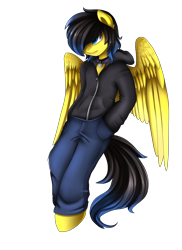 Size: 2186x3009 | Tagged: safe, artist:pridark, oc, oc only, oc:rainy, pegasus, pony, clothes, commission, hair over one eye, hoodie, male, pants, simple background, solo, transparent background