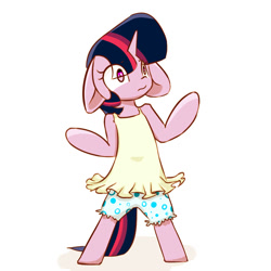 Size: 1000x1000 | Tagged: safe, artist:pinkieeighttwo, twilight sparkle, pony, semi-anthro, unicorn, bipedal, bloomers, clothes, dress, female, floppy ears, frown, mare, shorts, simple background, solo, white background, wide eyes