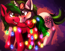 Size: 2376x1872 | Tagged: safe, artist:afterdarkpark, oc, oc only, oc:desolator, oc:melon specter, pegasus, pony, unicorn, blushing, christmas lights, gay, male