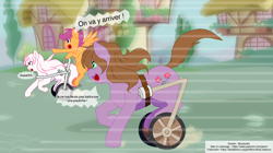 Size: 1880x1052 | Tagged: safe, artist:boastudio, artist:jemvi, derpibooru exclusive, scootaloo, oc, oc:gracey, oc:snowshine, pony, adopted offspring, comic, disabled, french, handicapped, paraplegic mare, parent:adagio dazzle, racing, wheelchair