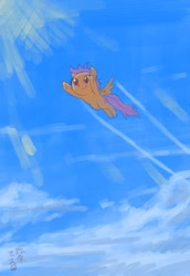 Size: 704x1024 | Tagged: safe, artist:yanamosuda, scootaloo, pegasus, pony, flying, scootaloo can fly, sky, solo