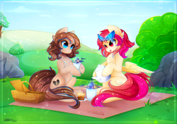 Size: 3000x2117 | Tagged: safe, artist:koveliana, oc, oc only, oc:heartbreak, oc:lightning dashes, earth pony, pegasus, pony, basket, commission, cup, cute, duo, female, food, grass, mare, muffin, ocbetes, picnic, picnic basket, smiling, teacup, visor