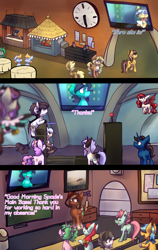 Size: 1024x1625 | Tagged: safe, artist:crownedspade, oc, oc only, oc:arabella, bat pony, earth pony, pegasus, pony, unicorn, comic:spade sisters, colt, female, filly, flower, flower in hair, male, mare, television