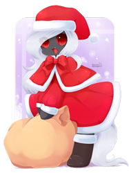 Size: 773x1033 | Tagged: safe, artist:exceru-karina, oc, oc only, oc:midnight ruby, bat pony, pony, bag, bipedal, boots, clothes, costume, hat, red eyes, santa costume, santa hat, solo