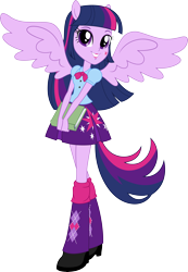 Size: 10422x15036 | Tagged: safe, artist:sugar-loop, twilight sparkle, equestria girls, .ai available, .svg available, absurd resolution, alternative cutie mark placement, book, boots, clothes, high heel boots, pleated skirt, ponied up, ponytail, show accurate, simple background, skirt, solo, transparent background, vector, wings