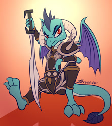 Size: 1500x1700 | Tagged: safe, artist:bassywolfeh, princess ember, dragon, armor, feet, looking at you, solo, spread legs, spread wings, spreading, sword, weapon