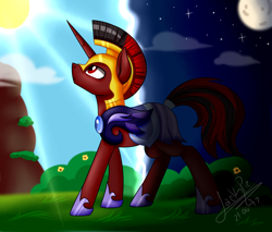 Size: 2000x1700 | Tagged: safe, artist:jack-pie, oc, oc only, pony, armor, commission, day, helmet, looking up, night, night guard, red and black oc, signature, solo