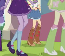 Size: 927x802 | Tagged: safe, screencap, applejack, fluttershy, rarity, sci-twi, twilight sparkle, dance magic, equestria girls, spoiler:eqg specials, boots, clothes, cowboy boots, cropped, denim skirt, grass, high heel boots, legs, mary janes, pictures of legs, raised leg, shoes, skirt, socks