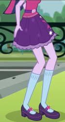 Size: 578x1080 | Tagged: safe, screencap, sci-twi, twilight sparkle, dance magic, equestria girls, spoiler:eqg specials, clothes, cropped, fence, legs, mary janes, parking lot, pictures of legs, ponytail, shoes, skirt, socks, solo, tree