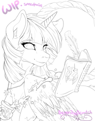 Size: 2640x3360 | Tagged: safe, artist:serenity, twilight sparkle, twilight sparkle (alicorn), alicorn, pony, accessory, book, cute, female, fluffy, ink, jewelry, lineart, magic, mare, necklace, pretty, series, solo, wip