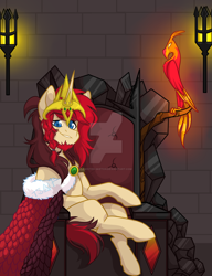 Size: 1024x1335 | Tagged: safe, artist:twisted-sketch, oc, oc only, phoenix, pony, alternate universe, commission, crown, jewelry, patreon, regalia, throne, watermark