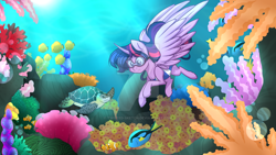Size: 1024x576 | Tagged: safe, artist:twisted-sketch, twilight sparkle, twilight sparkle (alicorn), alicorn, fish, pony, turtle, clothes, coral reef, deep sea, diving, goggles, one-piece swimsuit, open-back swimsuit, print, solo, swimming, swimsuit, underwater, watermark
