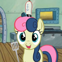 Size: 1000x1000 | Tagged: safe, artist:cyanlightning, artist:employeeamillion, bon bon, sweetie drops, pony, hat, krusty krab, krusty krab hat, solo, spatula, spongebob squarepants