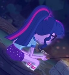 Size: 259x283 | Tagged: safe, screencap, sci-twi, twilight sparkle, equestria girls, legend of everfree, ass, camp everfree outfits, clothes, cropped, female, glasses, log, rear view, shorts, socks, solo, twibutt