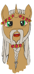 Size: 870x1858 | Tagged: safe, artist:qtluna, oc, oc only, pony, unicorn, beard, bloodshot eyes, braid, braided beard, bust, dreadlocks, facial hair, flower, high, hippie, magnificent beard, old, open mouth, portrait, simple background, singing, solo, stoned, transparent background