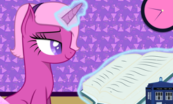 Size: 15321x9209 | Tagged: safe, artist:illumnious, oc, oc only, oc:flares midnight, pony, unicorn, absurd resolution, base used, book, doctor who, female, glowing horn, magic, mare, reading, smiling, solo, tardis