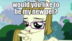 Size: 1920x1090 | Tagged: safe, edit, edited screencap, screencap, zippoorwhill, pegasus, pony, forever filly, bedroom eyes, bronybait, caption, female, filly, glasses, image macro, implied bdsm, implied femdom, implied pet play, jewelry, lidded eyes, meme, pet play, solo, tiara