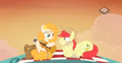 Size: 1366x703 | Tagged: safe, screencap, bright mac, pear butter, pony, the perfect pear, brightbutter, cowboy hat, female, guitar, hat, male, picnic, shipping, stetson, straight