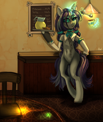 Size: 500x588 | Tagged: safe, artist:trojan-pony, oc, oc only, pony, semi-anthro, unicorn, bipedal, cafe, clothes, cookie, enhanced ponies, food, juice, lemonade, maid