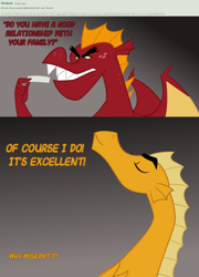 Size: 600x833 | Tagged: safe, artist:queencold, garble, oc, oc:caldera, dragon, ask, ask caldera, dialogue, dragon oc, dragoness, duo, female, mother and child, mother and son, parent and child, teenaged dragon, text, tumblr