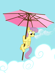 Size: 810x1080 | Tagged: safe, artist:arvaus, parasol, pegasus, pony, anatomically incorrect, background pony, cloud, cloudy, female, flying, incorrect leg anatomy, mare, pun, solo, umbrella, visual pun