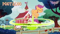 Size: 640x360 | Tagged: safe, scootaloo, explosion, explosive fart, fart, fart propulsion, mushroom cloud, ponyville schoolhouse, pootaloo, solo