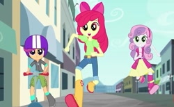 Size: 781x480 | Tagged: safe, screencap, apple bloom, scootaloo, sweetie belle, equestria girls, rainbow rocks, clothes, cutie mark crusaders, helmet, running, scooter, skirt