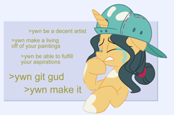 Size: 1280x843 | Tagged: safe, artist:masserey, fresh coat, pony, unicorn, backwards ballcap, baseball cap, cap, crying, greentext, hat, sad, solo, text