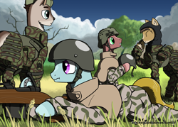 Size: 2450x1750 | Tagged: safe, artist:asktheguardponies, artist:guard-mod, oc, oc only, deer, pony, accessory swap, body armor, clothes, gun, helmet, military, military uniform, rifle, scrunchy face, uniform, weapon