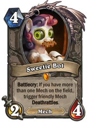 Size: 400x569 | Tagged: safe, artist:cannibalus, sweetie belle, sweetie bot, pony, robot, unicorn, card, crossover, female, filly, hearthstone, legendary, solo, trading card, trading card game, warcraft