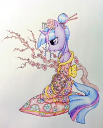 Size: 2180x2718 | Tagged: safe, artist:theonlycountfilth, twilight sparkle, semi-anthro, clothes, geisha, hair bun, high res, kimono (clothing), kneeling, off shoulder, profile, sitting, solo, traditional art, tree, tree branch