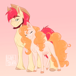 Size: 950x954 | Tagged: safe, artist:legally-psychotic, bright mac, pear butter, pony, the perfect pear, applejack's parents, beard, brightbutter, facial hair, female, male, nuzzling, pregnant, shipping, signature, simple background, straight