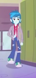 Size: 148x315 | Tagged: safe, screencap, thunderbass, equestria girls, music to my ears, rainbow rocks, background human, clothes, jacket, male, necktie, pants, shoes, short, sneakers, solo, walking