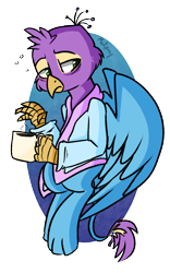 Size: 1248x2003 | Tagged: safe, artist:themodpony, oc, oc only, oc:gyro feather, oc:gyro tech, griffon, bathrobe, clothes, coffee, griffonized, robe, simple background, sleepy, solo, species swap, transparent background