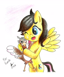 Size: 2240x2674 | Tagged: safe, artist:brianchoobrony-artie, oc, oc only, oc:petal eclipse, chicken, pegasus, pony, bipedal, hug, traditional art