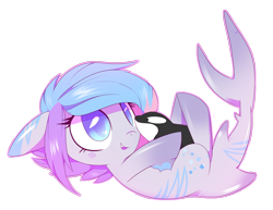 Size: 3436x2648 | Tagged: safe, artist:sorasku, oc, oc only, oc:nimune, orca, original species, shark pony, blushing, colored pupils, cute, female, high res, mare, on back, plushie, simple background, solo, transparent background