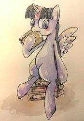 Size: 1008x1452 | Tagged: safe, artist:awk44, twilight sparkle, twilight sparkle (alicorn), alicorn, pony, bibliovore, book, nom, sitting, solo, that pony sure does love books, traditional art