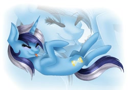 Size: 1024x719 | Tagged: safe, artist:fireheartsk, minuette, eyes closed, on back, solo, tongue out, zoom layer