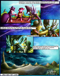 Size: 1935x2449 | Tagged: safe, artist:jamescorck, chancellor puddinghead, clover the clever, commander hurricane, princess platinum, private pansy, smart cookie, earth pony, pegasus, pony, unicorn, windigo, comic:i will never leave you, armor, comic, history, mouth hold, sword, weapon