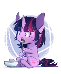 Size: 1400x1700 | Tagged: safe, artist:silbersternenlicht, twilight sparkle, pony, unicorn, abstract background, eating, female, fork, mare, mushroom, solo