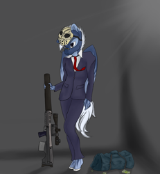 Size: 1456x1576 | Tagged: safe, artist:php2000, oc, oc only, oc:ginny, anthro, pegasus, unguligrade anthro, anthro oc, clothes, gun, mask, money, money bag, necktie, payday, rifle, solo, suit, vks, vssk «exhaust», weapon