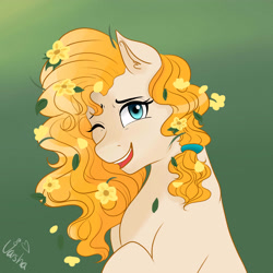 Size: 4000x4000 | Tagged: safe, artist:varshacoro, pear butter, earth pony, pony, the perfect pear, absurd resolution, cute, female, flower, flower in hair, gradient background, mare, one eye closed, pearabetes, solo