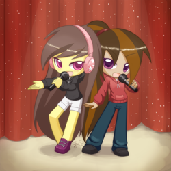 Size: 1500x1500 | Tagged: safe, artist:howxu, oc, oc only, oc:cupcake slash, oc:qlimaxie, equestria girls, chibi, clothes, commission, cute, duo, equestria girls-ified, microphone, shoes, shorts, singing, sneakers, stage