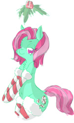 Size: 1200x2000 | Tagged: safe, artist:dragoncircle, minty, christmas, clothes, cute, festive, holly, holly mistaken for mistletoe, pose, sexy, sketchy, socks, solo, striped socks