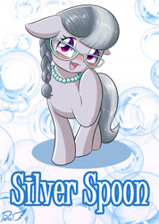 Size: 1000x1402 | Tagged: safe, artist:phoenixperegrine, silver spoon, earth pony, pony, blushing, cute, female, filly, glasses, looking at you, raised hoof, silverbetes, text