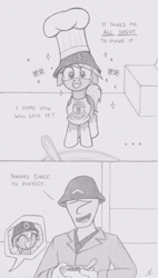 Size: 919x1615 | Tagged: safe, artist:lockerobster, oc, oc only, oc:anon, sergeant reckless, pony, apron, chef's hat, clothes, comic, female, floppy ears, hat, helmet, korean, mare, monochrome, traditional art, warpone