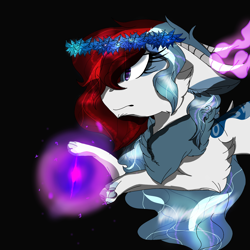 Size: 2560x2560 | Tagged: safe, artist:brokensilence, oc, oc only, oc:mira songheart, draconequus, pony, chest fluff, clothes, cute, draconequified, floral head wreath, flower, glowing horn, horns, magic, magic sphere, species swap